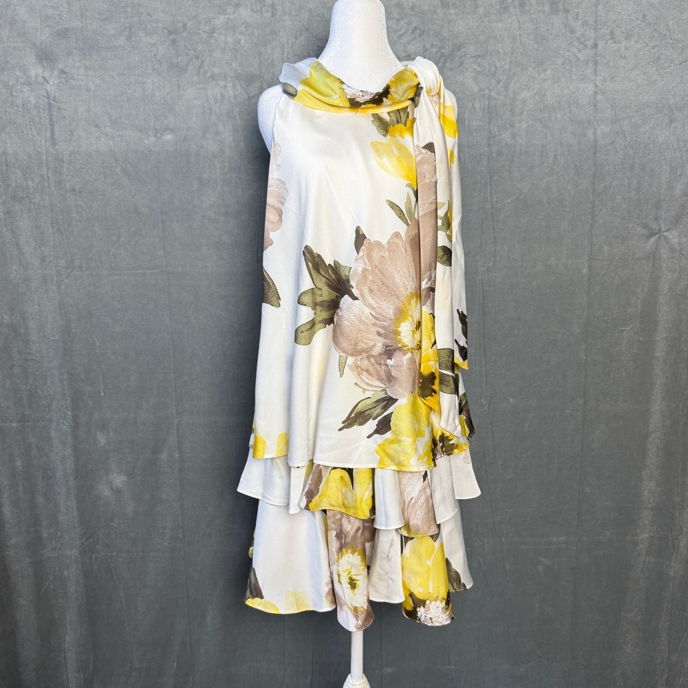 New Robbie Bee Tiered Ruffle Slip Dress Women 10 Yellow Floral Bow‎ Tie Party